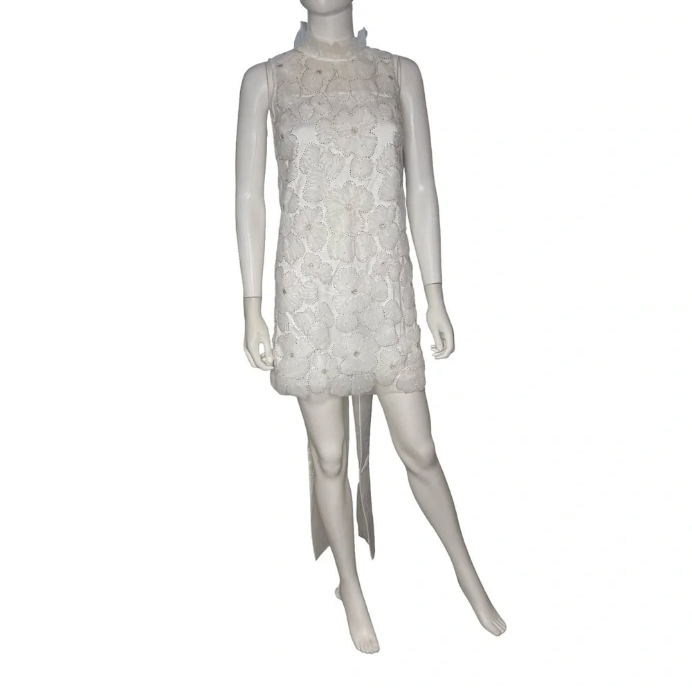 Self Portrait Embellished Tulle Satin Bow Mini Dress White Women’s Sz 2 - Picture 2 of 14